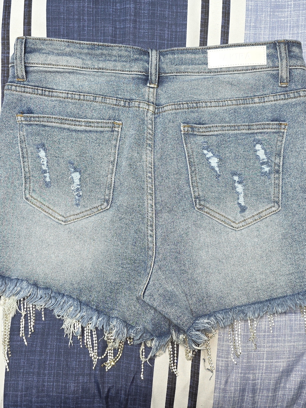 AKIRA Blue Distressed Jean Shorts with Rhinestone Fringe - Picture 4 of 4
